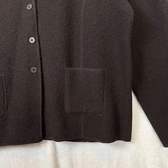 Eileen Fisher 100% Wool Jacket Black Button Front Pockets Size Medium Petite